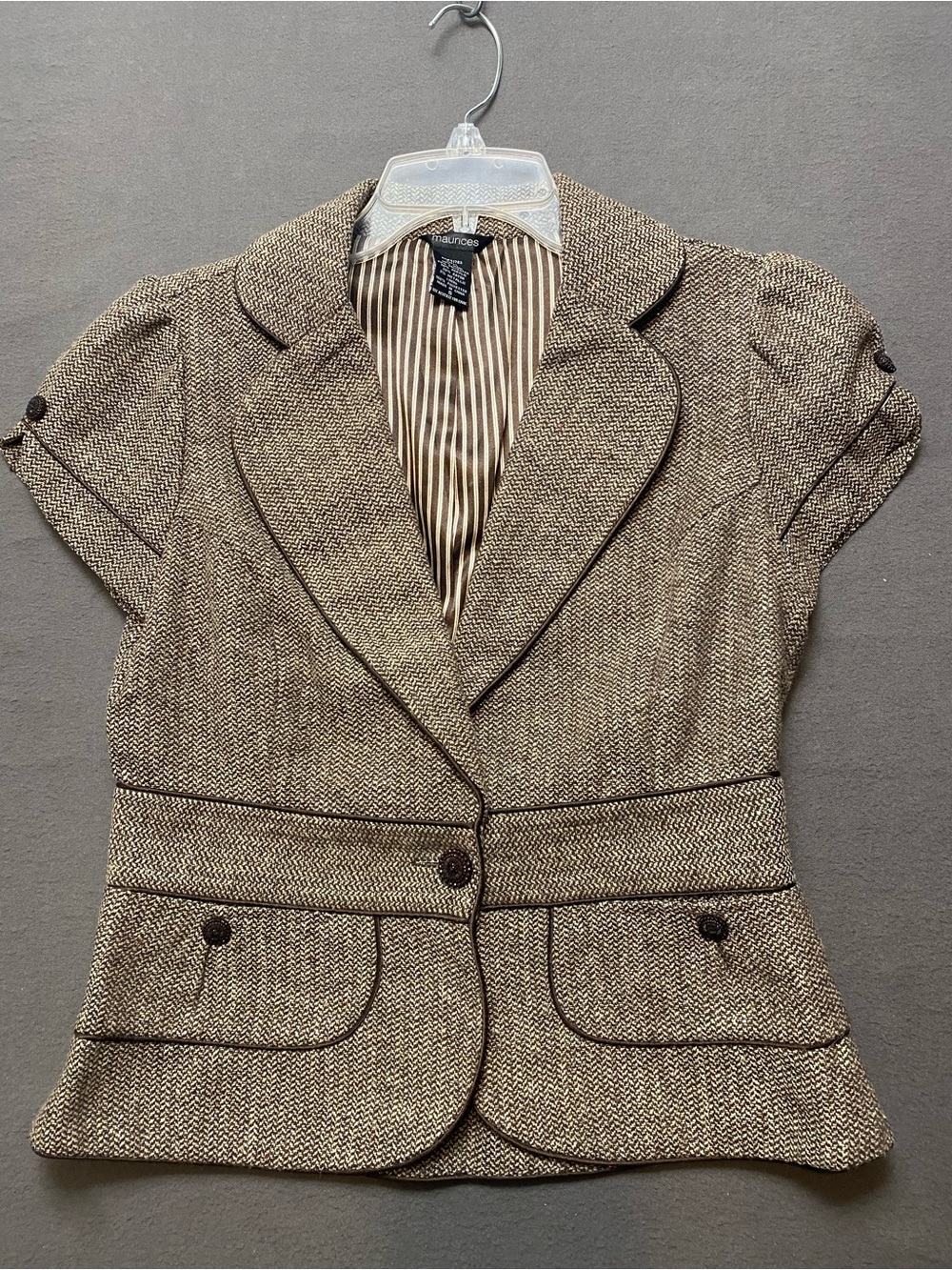 Maurices Short-Sleeve Tweed Blazer Jacket - Beige/Brown Size Small